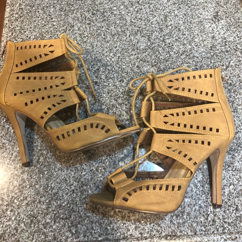 Brown suede look lace tie heels 8